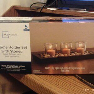 Mainstays 5 Pc. Candle Holder Glass Votives Decorative Stones With Tray